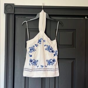 Loft embroidered blue and cream halter top. NWT